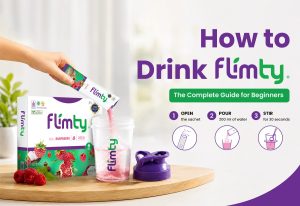 How to drink Flimty in three steps: open the sachet, pour 200 ml of water, stir for 30 seconds, shown with a Flimty raspberry box and shaker