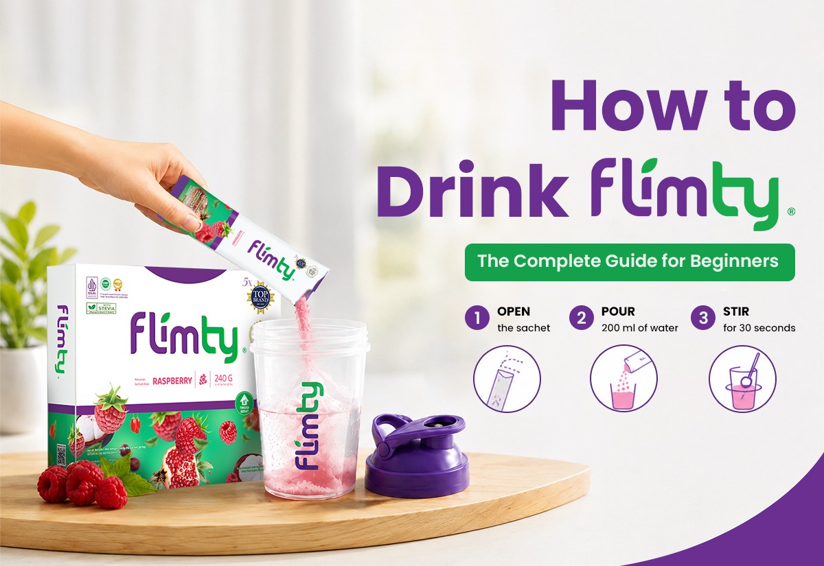 How to drink Flimty in three steps: open the sachet, pour 200 ml of water, stir for 30 seconds, shown with a Flimty raspberry box and shaker